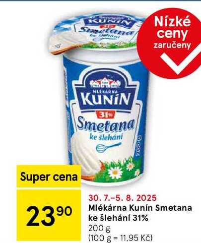 Mlékárna Kunín Smetana ke šlehání 31%, 200 g 