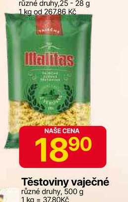 Malitas Těstoviny vaječné různé druhy, 500 g