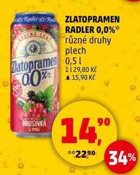 ZLATOPRAMEN RADLER 0,0% různé druhy plech, 0,5 l 