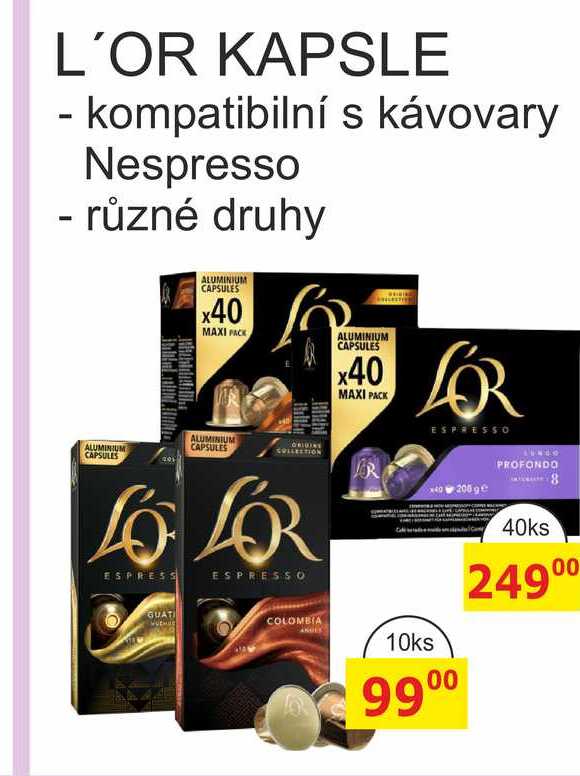 L'OR KAPSLE - kompatibilní s kávovary Nespresso - různé druhy 40ks 