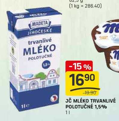 JČ MLÉKO TRVANLIVÉ POLOTUČNÉ 1,5% 1l