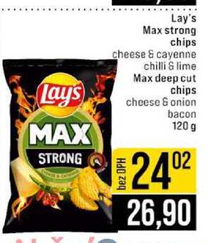 Lay's Max strong chips cheese & cayenne chilli & lime Max deep cut chips cheese & onion bacon 120 g