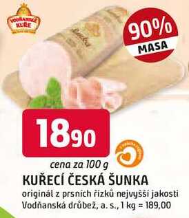 KUŘECÍ ČESKÁ ŠUNKA originál z prsních řízků nejvyšší jakosti 100 g