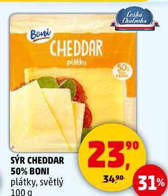 SÝR CHEDDAR 50% BONI plátky, světlý, 100 g  