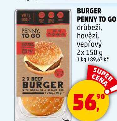 BURGER PENNY TO GO drůbeží, hovězí, vepřový, 2x 150 g  