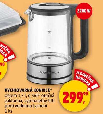 RYCHLOVARNÁ KONVICE, objem 1,7 l, o 360° otočná základna, vyjímatelný filtr proti vodnímu kameni, 1 ks 