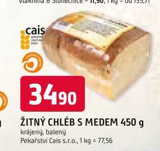 ŽITNÝ CHLÉB S MEDEM 450 g krájený, balený 