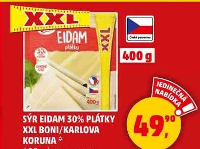 SÝR EIDAM 30% PLÁTKY XXL BONI/KARLOVA KORUNA, 400 g