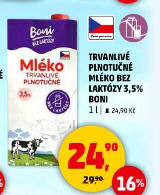 TRVANLIVÉ PLNOTUČNÉ MLÉKO BEZ LAKTÓZY 3,5% BONI, 1 l 