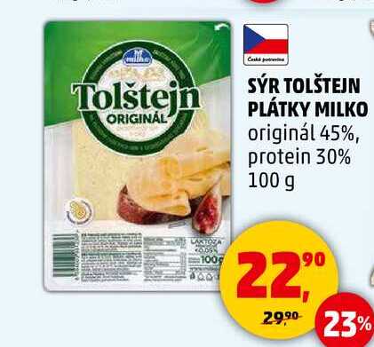 SÝR TOLŠTEJN PLÁTKY MILKO originál 45%, protein 30%, 100 g 