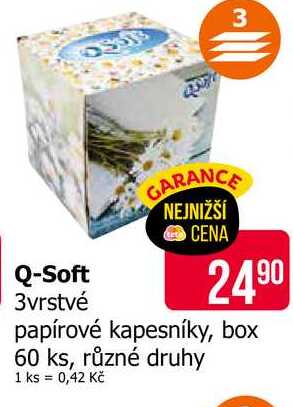 Q-Soft 3vrstvé papírové kapesníky, box 60 ks, různé druhy 