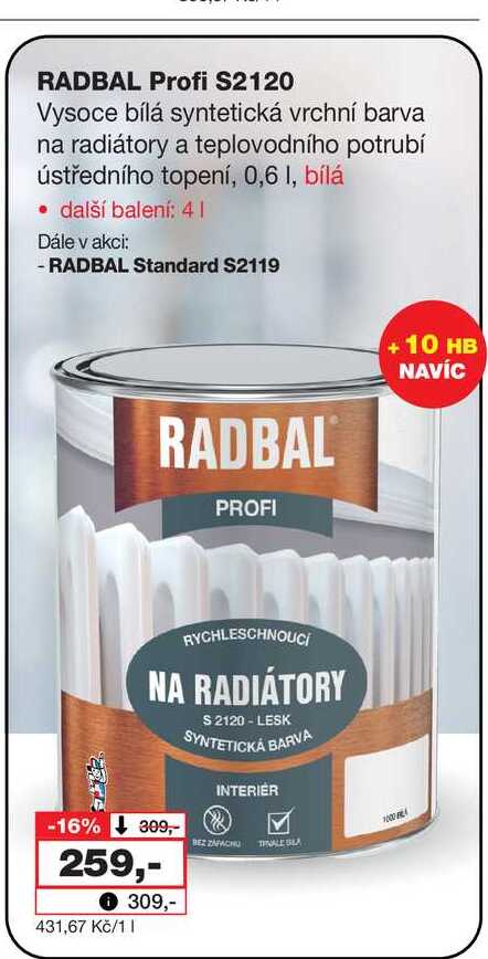 RADBAL Profi S2120 Vysoce bílá syntetická vrchní barva na radiátory a teplovodního potrubí ústředního topení, 0,6l, bílá 