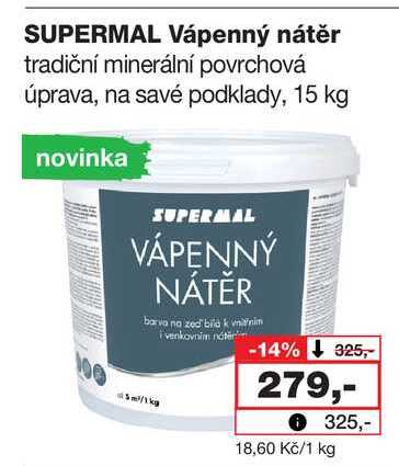 SUPERMAL Vápenný nátěr tradiční minerální povrchová úprava, na savé podklady, 15 kg 