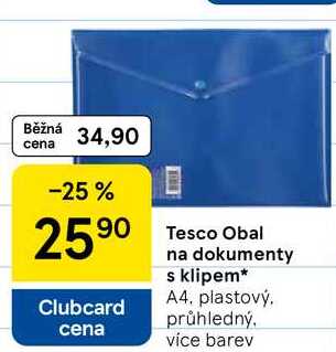 Tesco Obal na dokumenty s klipem, A4. plastový. průhledný, více barev 