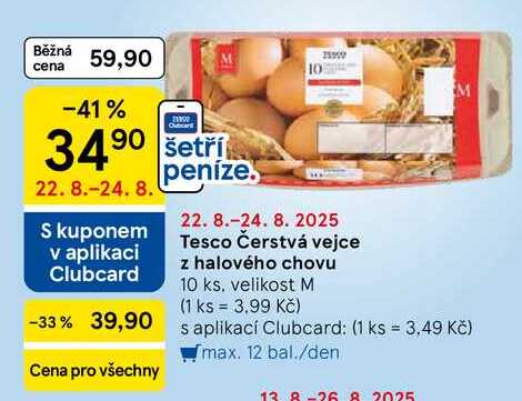 Tesco Čerstvá vejce z halového chovu, 10 ks, velikost M 
