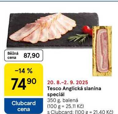 Tesco Anglická slanina speciál, 350 g, balená 