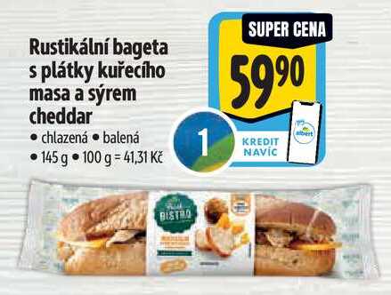 Rustikální bageta s plátky kuřecího masa a sýrem cheddar, 145 g