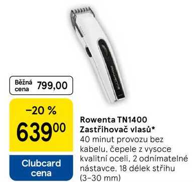 Rowenta TN1400 Zastřihovač vlasů, 40 minut provozu bez kabelu. čepele z vysoce kvalitní oceli, 2 odnímatelné nástavce, 18 délek střihu (3-30 mm) 