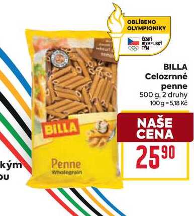 BILLA Celozrnné penne 500 g
