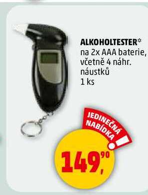 ALKOHOLTESTER, na 2x AAA baterie, včetně 4 náhr. náustků, 1 ks  
