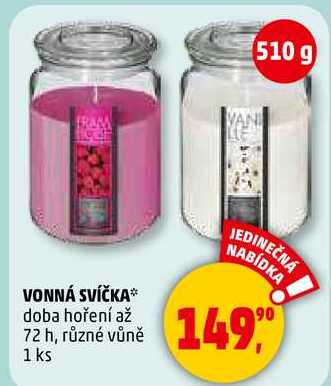 VONNÁ SVÍČKA doba hoření až 72 h, různé vůně, 1 ks