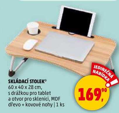SKLÁDACÍ STOLEK 60 x 40 x 28 cm, s drážkou pro tablet a otvor pro sklenici, MDF dřevo + kovové nohy, 1 ks
