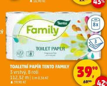 TOALETNÍ PAPÍR TENTO FAMILY, 3 vrstvý, 8 rolí  