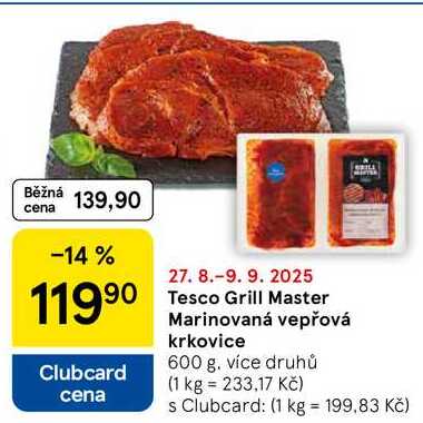 Tesco Grill Master Marinovaná vepřová krkovice, 600 g 