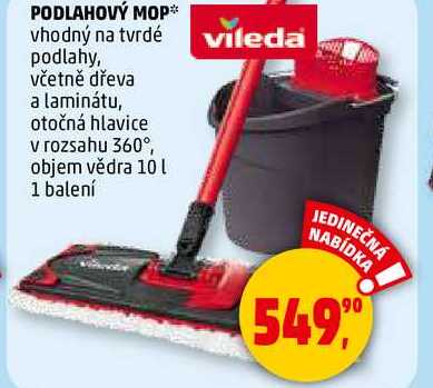 PODLAHOVÝ MOP, vhodný na tvrdé vileda podlahy, včetně dřeva a laminátu, otočná hlavice v rozsahu 360°, objem vědra 10 l, 1 balení 