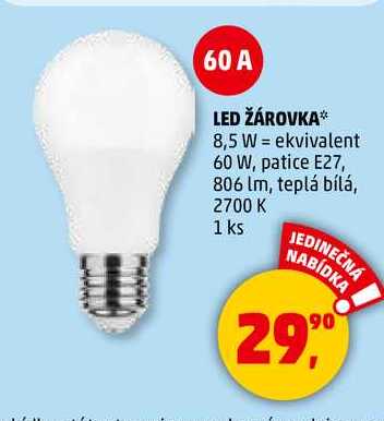 LED ŽÁROVKA, 8,5 W ekvivalent 60 W, patice E27, 806 lm, teplá bílá, 2700 K, 1 ks 