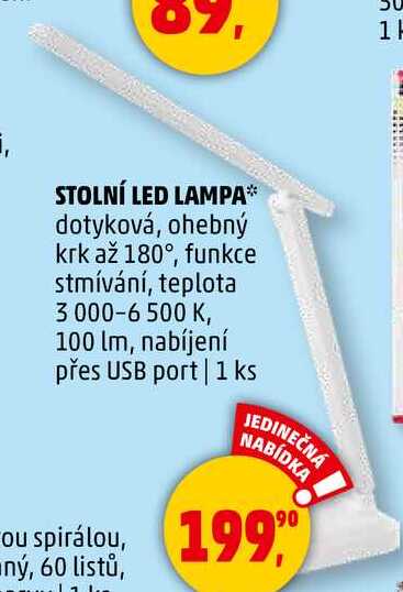 STOLNÍ LED LAMPA dotyková, ohebný krk až 180°, funkce stmívání, teplota 3 000-6 500 K, 100 lm, nabíjení přes USB port, 1 ks