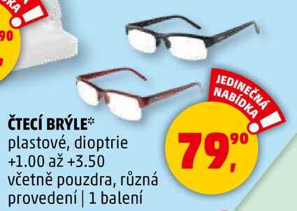 ČTECÍ BRÝLE plastové, dioptrie +1.00 až +3.50 včetně pouzdra, různá provedení, 1 balení