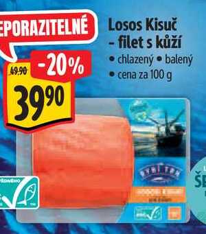 Losos Kisuč - filet s kůží, cena za 100 g 