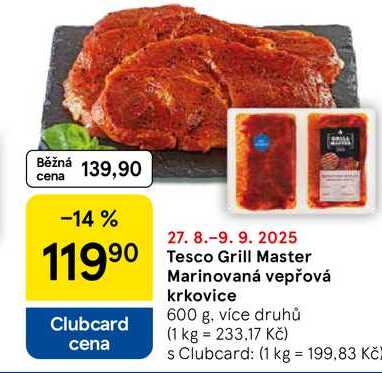 Tesco Grill Master Marinovaná vepřová krkovice, 600 g, více druhů  