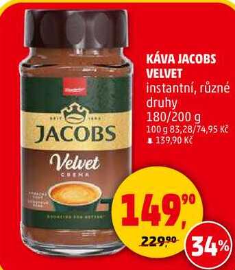 KÁVA JACOBS VELVET instantní, různé druhy, 180/200 g  
