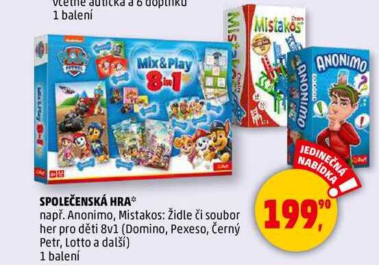 SPOLEČENSKÁ HRA, např. Anonimo, Mistakos: Židle či soubor her pro děti 8v1 (Domino, Pexeso, Černý Petr, Lotto a další), 1 balení 