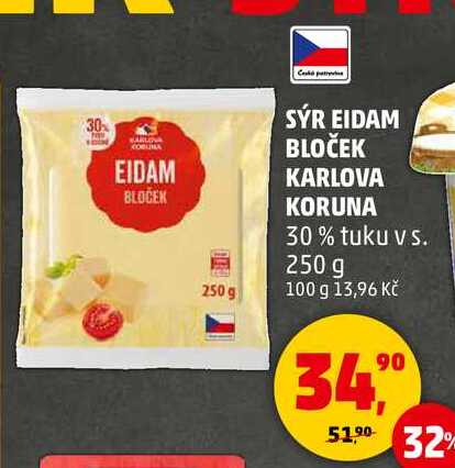 SÝR EIDAM BLOČEK KARLOVA KORUNA 30% tuku vs., 250 g 