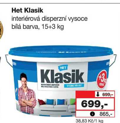 Het Klasik interiérová disperzní vysoce bílá barva, 15+3 kg
