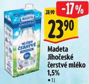 Madeta Jihočeské čerstvé mléko 1,5%, 1 l
