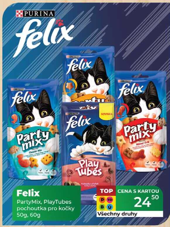 Felix PartyMix, PlayTubes pochoutka pro kočky 50g, 60g 