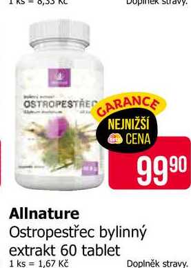 Allnature Ostropestřec bylinný extrakt 60 tablet