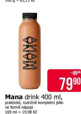 Mana drink 400 ml, praktické, nutričně kompletní jídlo ve formě nápoje 
