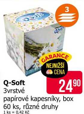 Q-Soft 3vrstvé papírové kapesníky, box 60 ks, různé druhy 