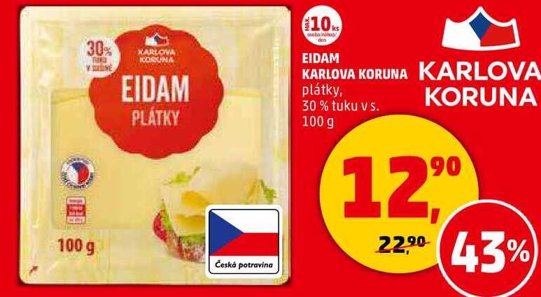 EIDAM KARLOVA KORUNA KARLOVA plátky, 30% tuku v s., 100 g  