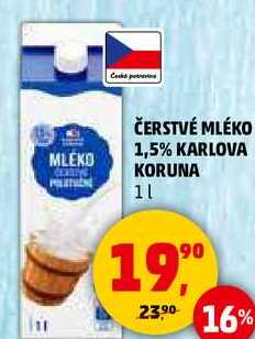 ČERSTVÉ MLÉKO 1,5% KARLOVA KORUNA, 1 l 