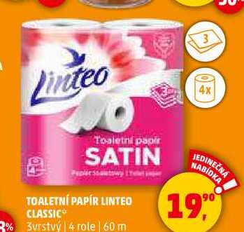 TOALETNÍ PAPÍR LINTEO CLASSIC, 3vrstvý, 4 role, 60 m 