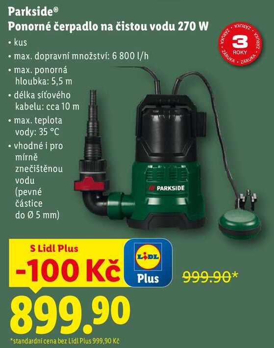 Parkside Ponorné čerpadlo na čistou vodu 270 W