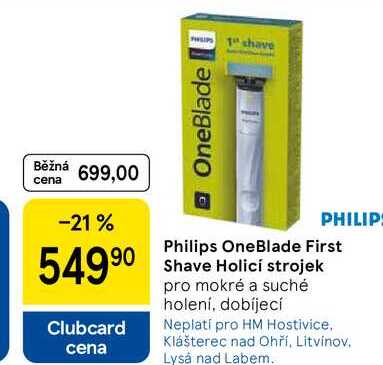 Philips OneBlade First Shave Holicí strojek, pro mokré a suché holení, dobíjecí  