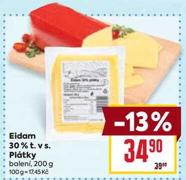 Eidam 30% t. vs. Plátky balení, 200 g 