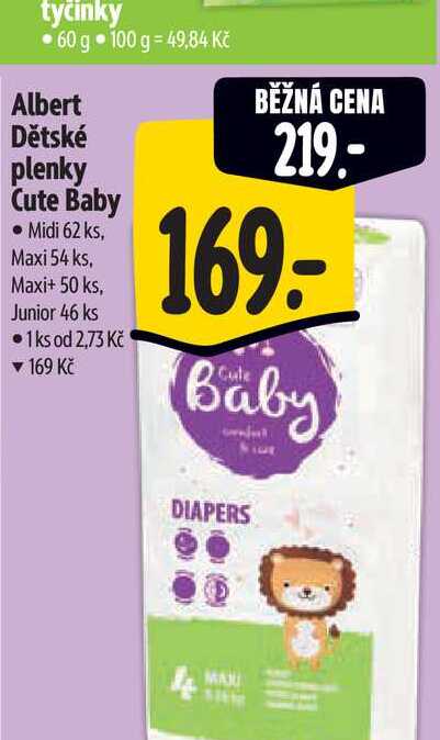   Albert Dětské plenky Cute Baby Midi 62 ks, Maxi 54 ks, Maxi+ 50 ks, Junior 46 ks 